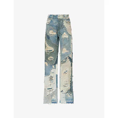 Who Decides War By Ev Bravado Mens  Distressed-patchwork Denim Jeans In Blue