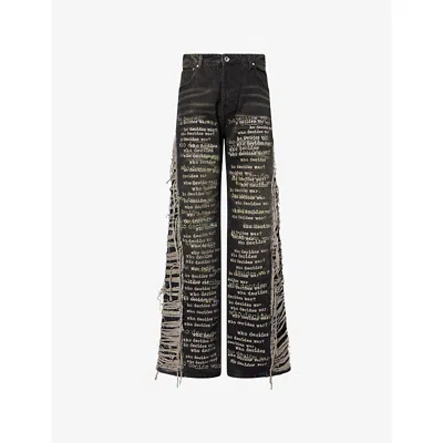 Who Decides War By Ev Bravado Mens Flare Scripture Text Embroidered Denim Jeans Chestnut