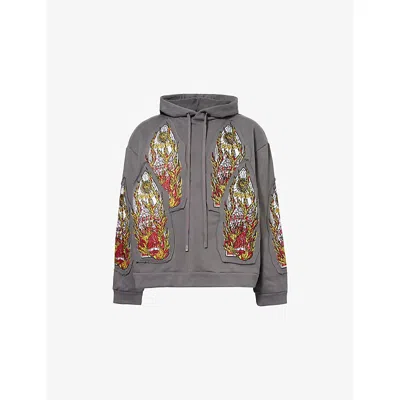 Who Decides War By Ev Bravado Mens Flame Glass Embroidered Cotton-jersey Hoody Grey