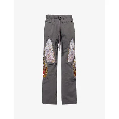 Who Decides War By Ev Bravado Mens Triple Flame Embroidered Cotton Jogging Bottoms Grey