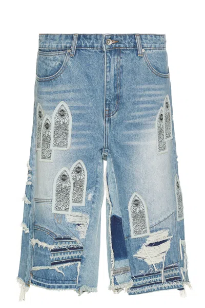 Who Decides War By Ev Bravado Patched Arch Blowout Denim Short In Sky