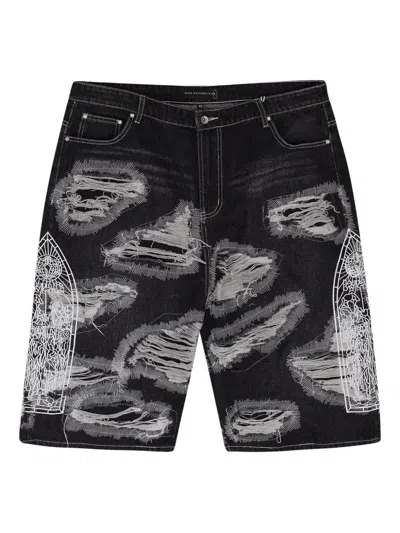 Who Decides War Darning Embroidered Denim Shorts In Black