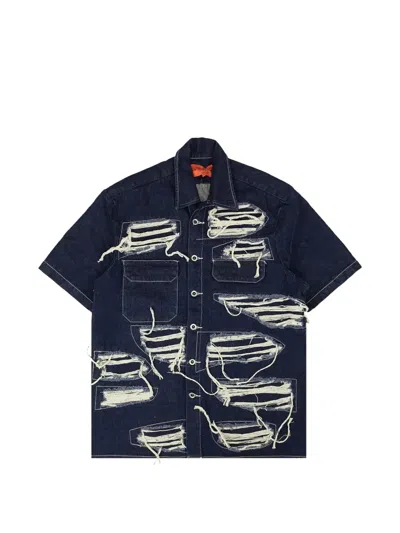 Who Decides War Distressed Short-sleeve Denim Shirt In Blue
