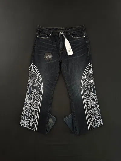 Pre-owned Who Decides War Embroidered Graphic Cowboy Flare Denim In Indigo
