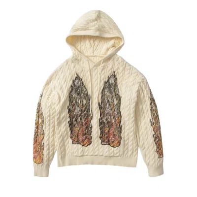 Pre-owned Who Decides War Flame Glass Cable Knit Hooded Pullover 'cream' | Men's Size L
