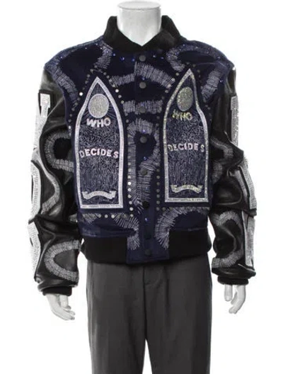 Pre-owned Who Decides War Graphic Print Bomber Jacket W/ Tags In Blue