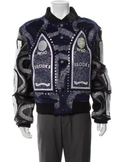 Pre-owned Who Decides War Graphic Print Bomber Jacket W/ Tags In Blue