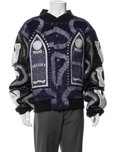 Pre-owned Who Decides War Graphic Print Bomber Jacket W/ Tags In Blue