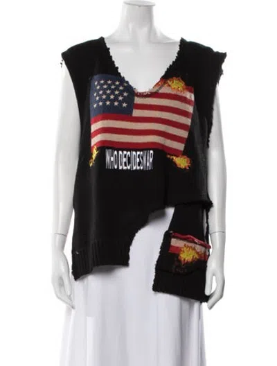Pre-owned Who Decides War Graphic Print V-neck Sweater In Black/white