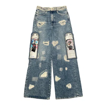 Pre-owned Who Decides War H&m Exclusive Jean-michel Basquiat Flare Jeans Indigo In Blue