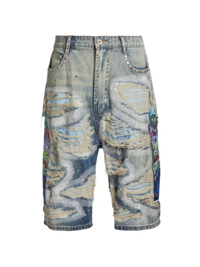 Who Decides War Men's Chrome Stud-embroidered Denim Shorts In Blue