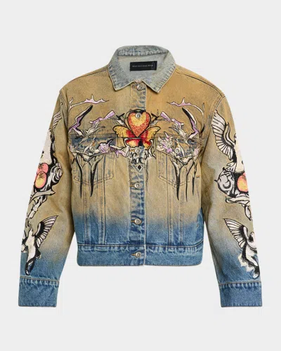 Who Decides War Men's Dove Embroidered Denim Trucker Jacket In Multi