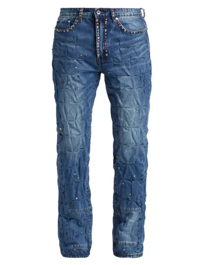 Who Decides War Men's Stud-embellished Cinched Jeans In Denim