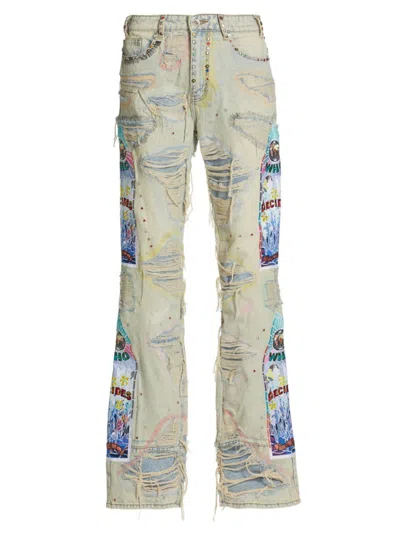 Who Decides War Men's Studded Distressed Embroidered Jeans In Sky
