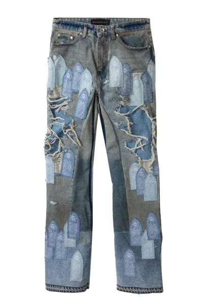 Who Decides War Patched Arch Repaired Blowout Denim Pants In Blue