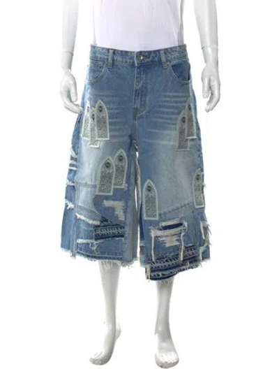 Pre-owned Who Decides War Printed Denim Shorts In Blue