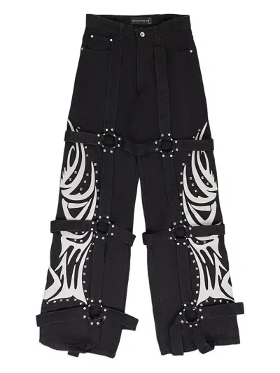 Who Decides War Embellished Winged Logo Bondage Pants In Black