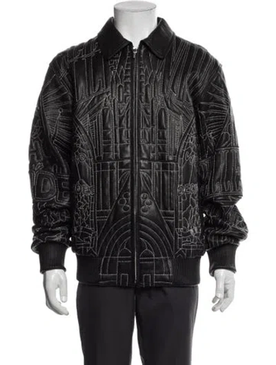 Pre-owned Who Decides War X Pelle Pelle Leather Graphic Print Bomber Jacket In Black