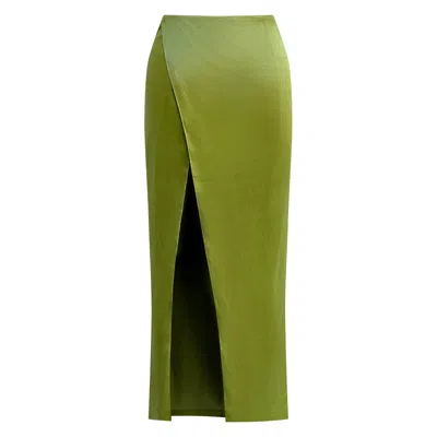 Why Mary Women's Green Cleo Chartreuse Satin Long Slit Maxi Skirt