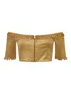 Why Mary Women's Off The Shoulder Gold Velvet Crop Top With 3/4 Sleeves - Harmonia In Gold