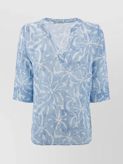 Whyci Cotton-silk Blend Floral Pattern Sheer Top In Blue