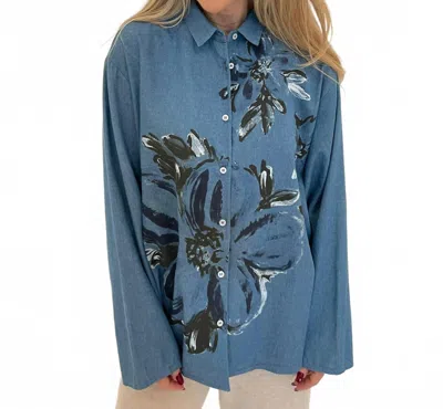 Whyci Milano Doris Denim Hand-painted Flores Shirt In Navy