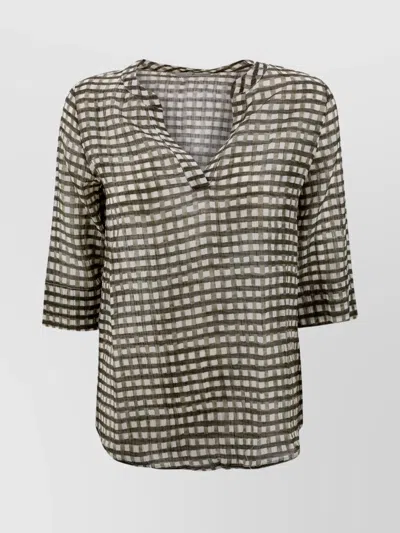 Whyci Silk Blend Checkered V Neck T-shirt In Brown