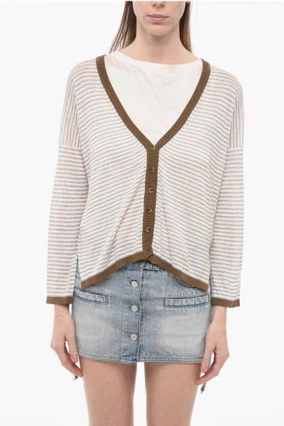 Whyci V-neck Striped Linen Blend Cardigan In Beige