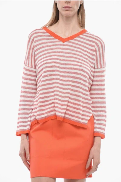 Whyci V-neck Striped Linen Blend Sweater In Orange