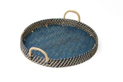 Wicker Village Round Rattan Tray In Blue