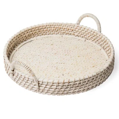 Wicker Village Round Rattan Tray In White