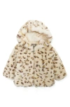 Widgeon Teddy Leopard Print Faux Fur Hooded Jacket In Cream Leopard