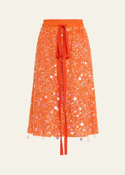 Wiederhoeft Beaded Sequined Drawstring Midi Skirt In Orange