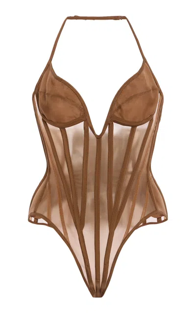 Wiederhoeft Corseted Satin Halter Bodysuit In Brown