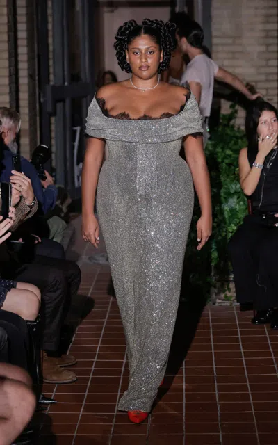 Wiederhoeft Crystal Embroidered Ivy Gown In Silver