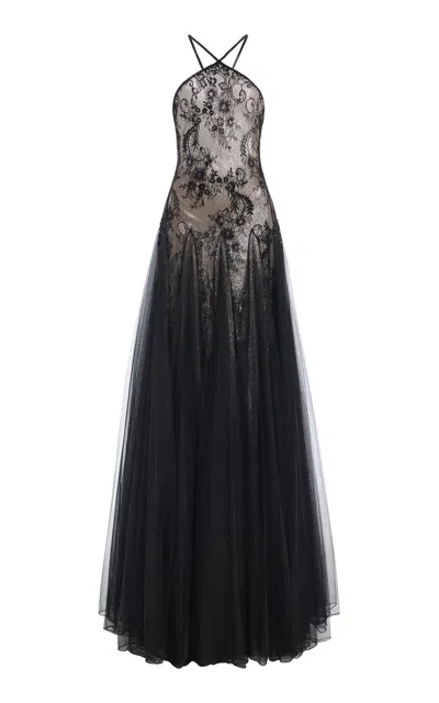 Wiederhoeft Embroidered Chantilly Lace Gown In Black