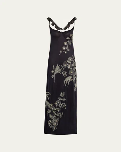 Wiederhoeft Embroidered Floral Silk Jersey Dress With Crystals In Multi
