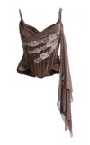 Wiederhoeft Embroidered Pressed Velvet Salon Corset In Brown