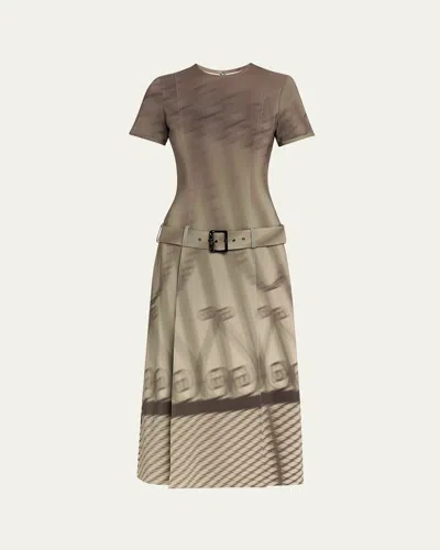 Wiederhoeft Gate Print Drop Waist Belted Dress In Grey