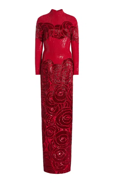 Wiederhoeft Room Cabbage Rose Embroidered Maxi Dress In Red