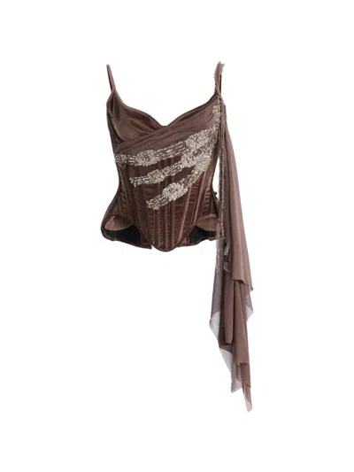Wiederhoeft Tie-detailed Embellished Cotton-blend Velvet Corset Top In Brown