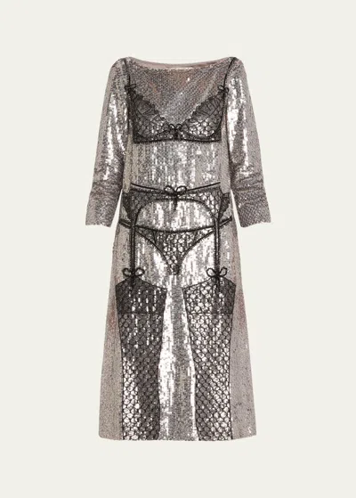 Wiederhoeft Sequined Beaded Crystal Lingerie Midi Dress In Silver
