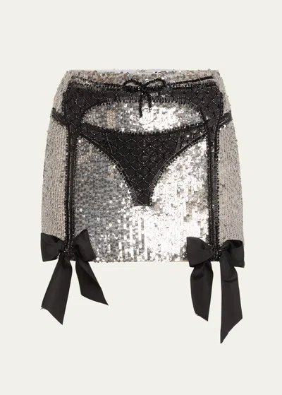 Wiederhoeft Sequined Beaded Crystal Lingerie Mini Skirt In Silver