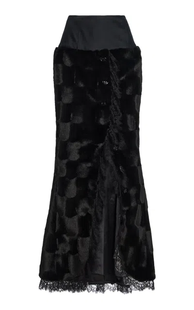 Wiederhoeft Tulip Faux Fur Maxi Skirt With Lace Trim In Black