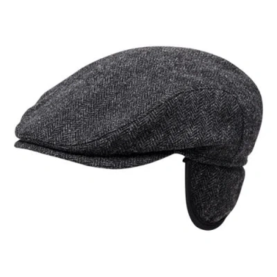 Wigens Herringbone Wool Ivy Slim Cap With Earflaps In Dark Grey