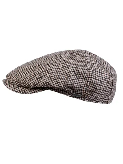 Wigens Men's Ivy One Piece Wool Cap In Dark Camel Dogtooth Check In Red