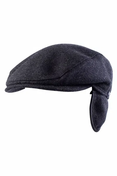 Wigens Men's Melton Wool Ivy Slim Cap With Earflaps In Dark Grey Melange In Blue