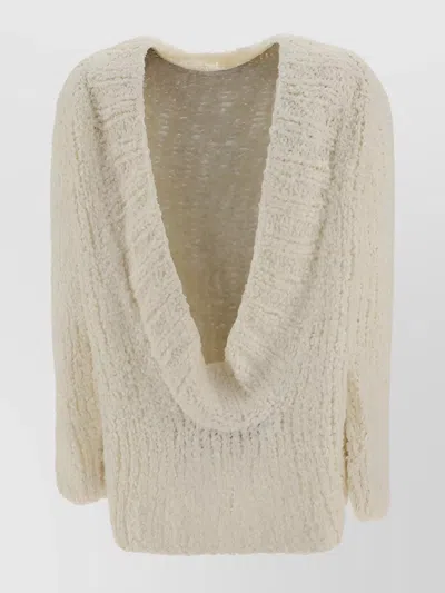 Wild Cashmere Lapel Collar Crochet Silk V-neck Sweater In Neutral