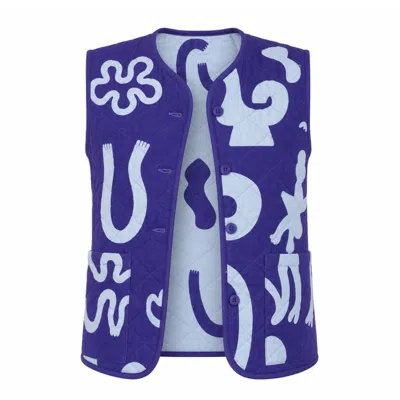 Wild Clouds Women's Blue Organic Cotton Reversible Quilted Gilet In Things