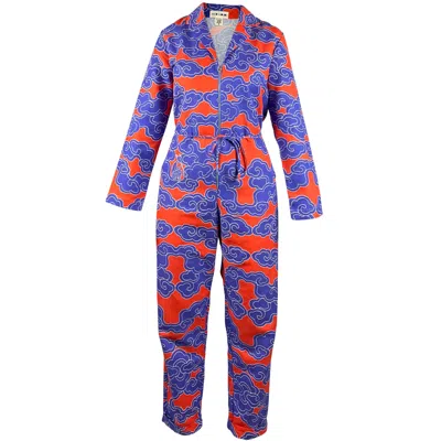 Wild Clouds Women's Blue / Red / Pink Organic Cotton & Linen Indigo Clouds Jumpsuit In Blue/red/pink